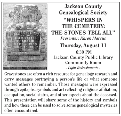 Scanned flyer for a past JCGS program, "Whispers in the Cemetery: The Stones Tell All," presented by Karen Marcus, featuring a photograph of an old cemetery headstone.
